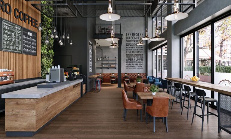 A 3d rendering of modern coffee shop interior with wood and metal accents. The space features a long counter with coffee machines, a menu board, hanging pendant lights, varied seating including blue armchairs, large windows, and a wall displaying French inspirational text.